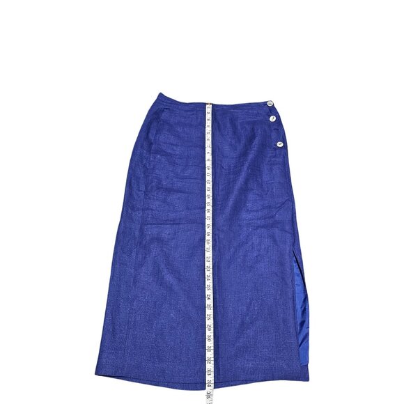 Vintage David N. Blue Linen Midi Skirt With Side Button Detail & Slit - Picture 8 of 9